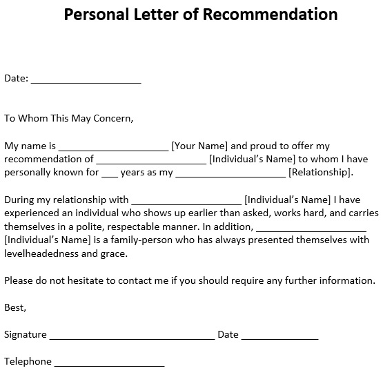 fillable personal letter of recommendation for a friend sample