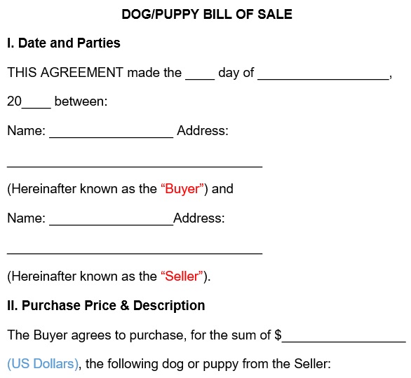 fillable puppy bill of sale form