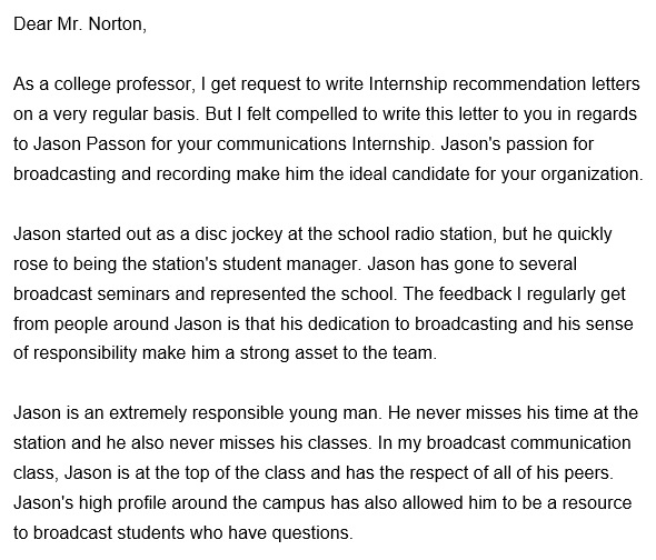 free college recommendation letter