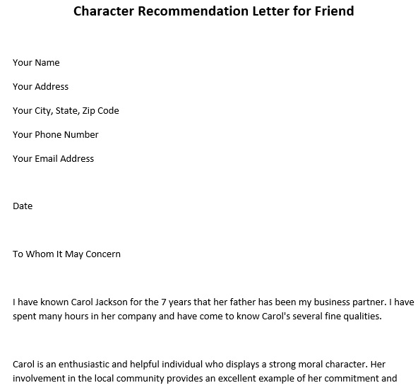 free letter of recommendation for a friend