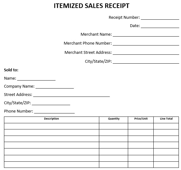 itemized sales receipt template