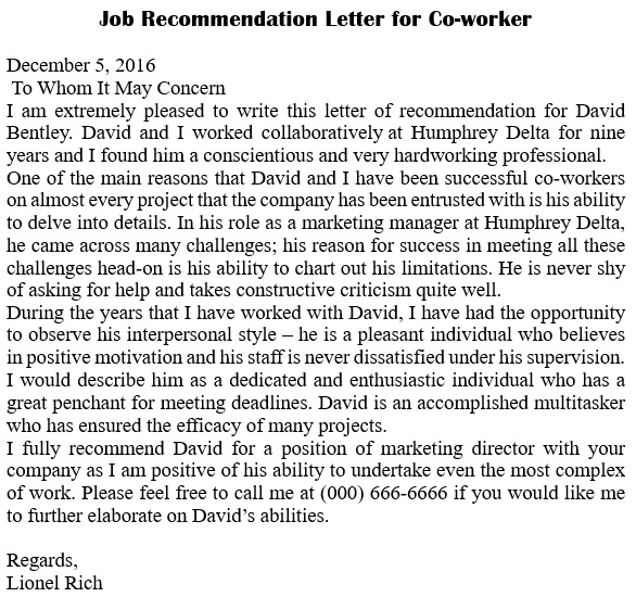 job recommendation letter for coworker