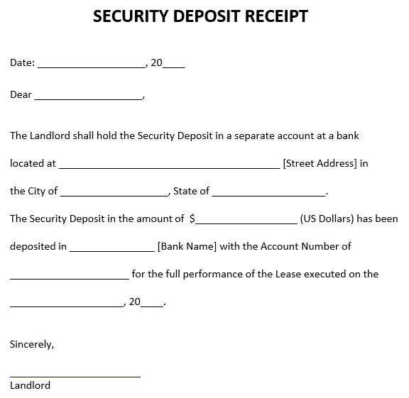 landlord security deposit receipt form
