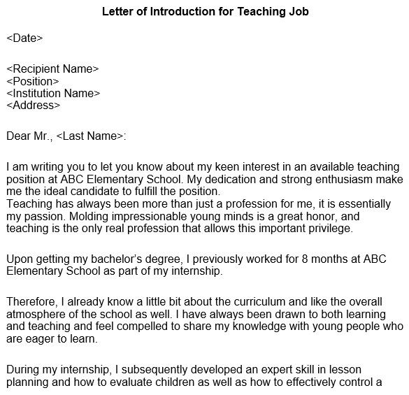 letter of introduction for teaching job