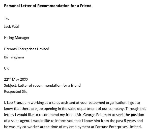 letter of recommendation for a friend example