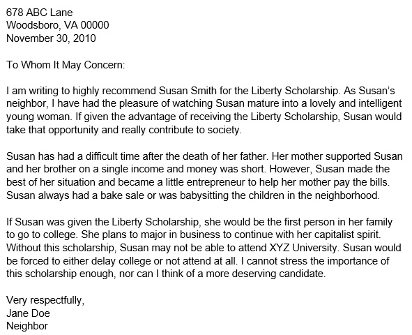 letter of recommendation for friend scholarship