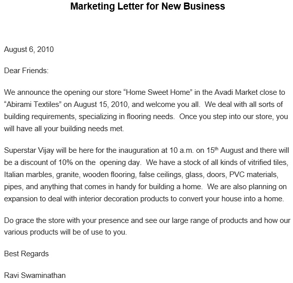 marketing letter for new business