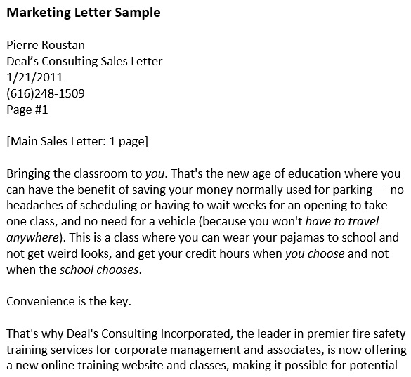 marketing letter sample