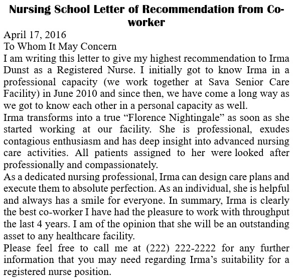 nursing school letter of recommendation from co worker