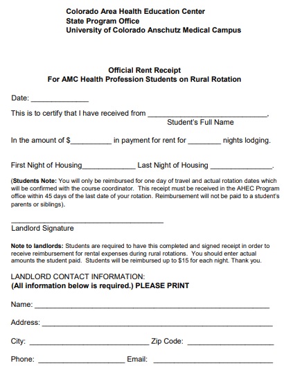 official rent receipt for amc health profession students on rural rotation