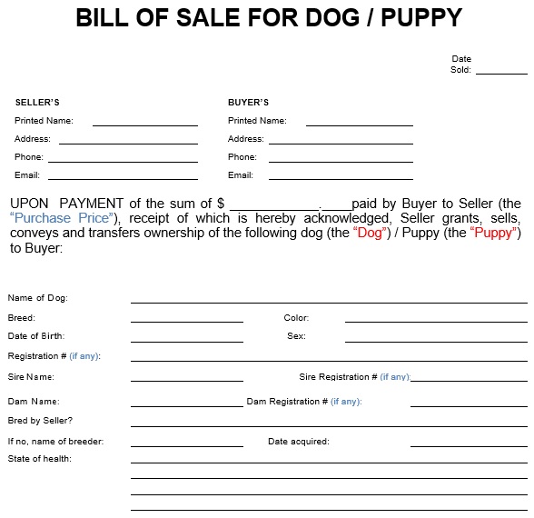 printable puppy bill of sale form 2