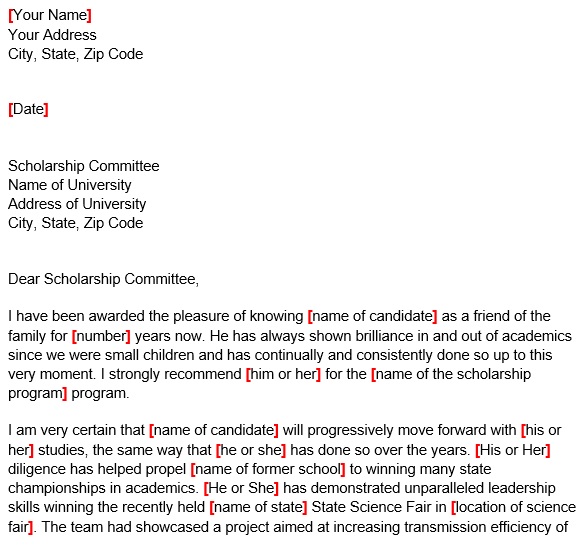 recommendation letter for scholarship from friend