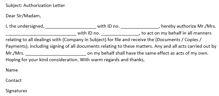 sample letter of authorization to act on behalf