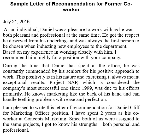 sample letter of recommendation for former coworker