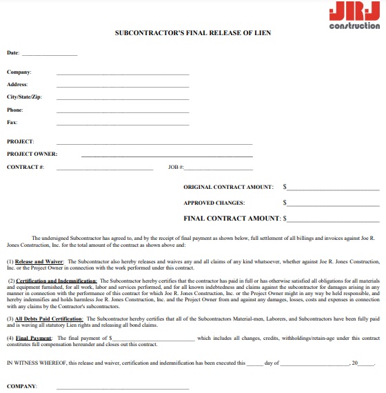subcontractor release of lien form