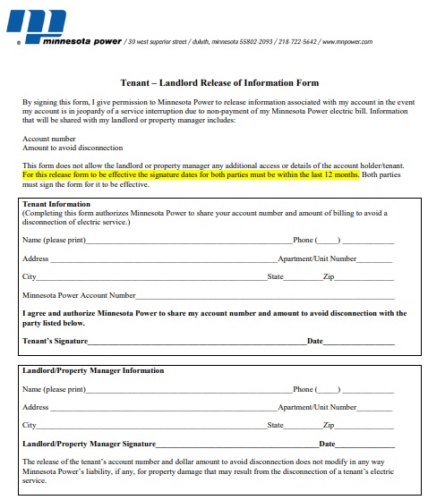 tenant landlord release of information form