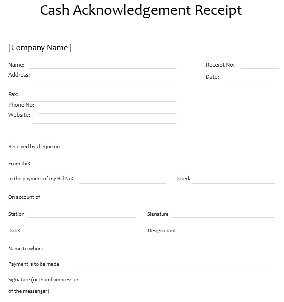 cash acknowledgement receipt template