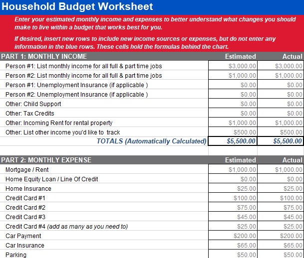 household budget worksheet