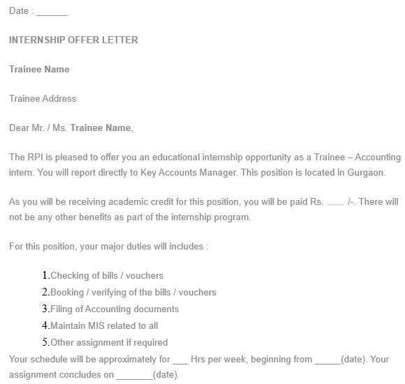 internship employment offer letter