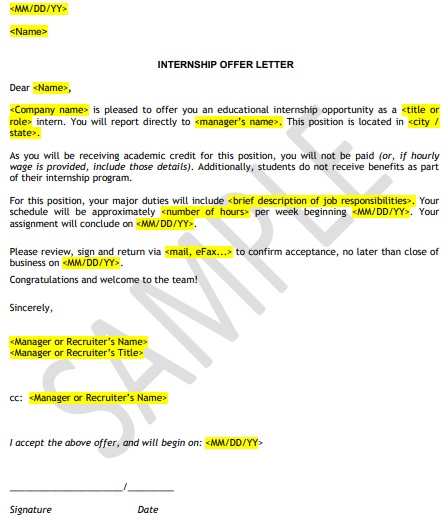 internship offer letter format template