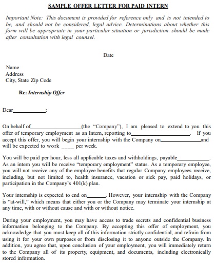 paid internship offer letter template