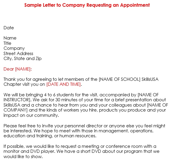 sample letter to company requesting an appointment