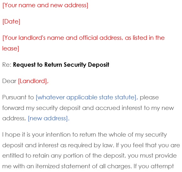 sample letter to landlord request for security deposit