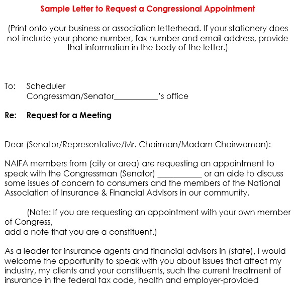 sample letter to request a congressional appointment