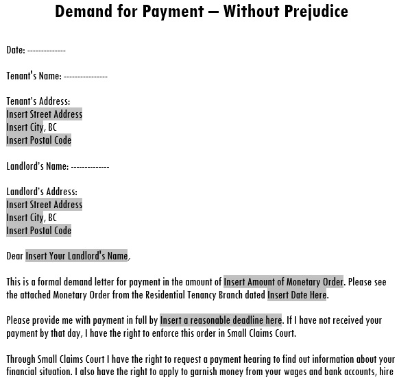 demand for payment without prejudice