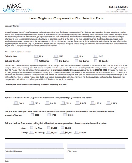 loan originator compensation plan selection form