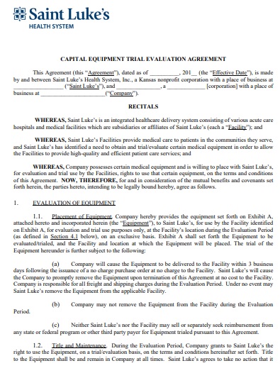 capital equipment trial evaluation agreement template