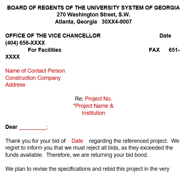 construction bid rejection letter