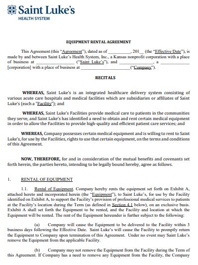 equipment rental agreement form