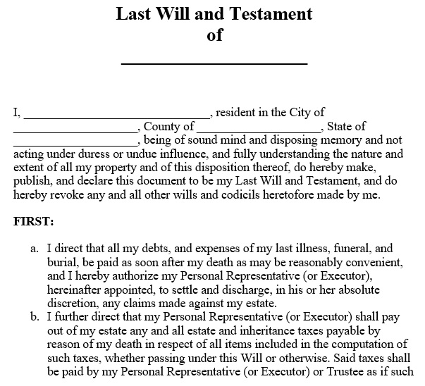 fillable last will and testament template