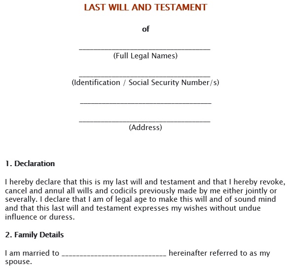 free printable last will and testament form template