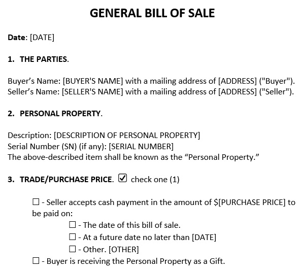 personal property bill of sale form template
