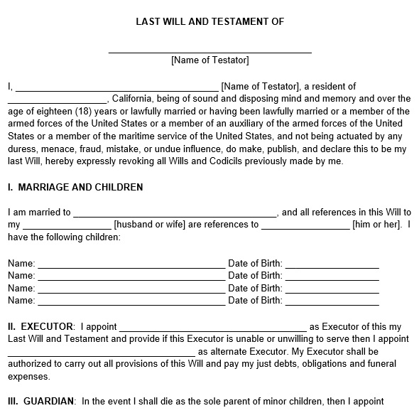 printable last will and testament form