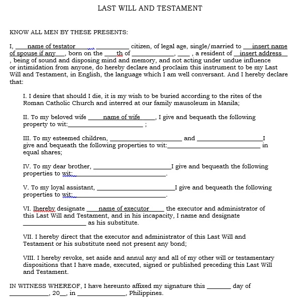 printable last will and testament template 1
