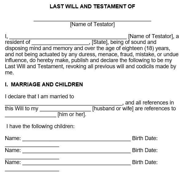 printable last will and testament template 2