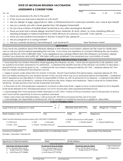state of michigan influenza vaccination clinic name assessment consent form