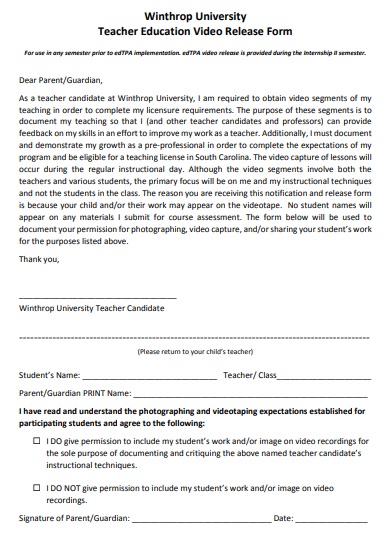 teacher education video release form