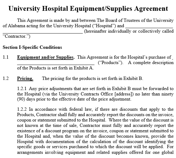 university hospital equipment supplies agreement template