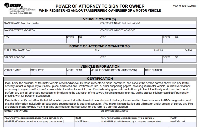 vehicle ownership power of attorney form