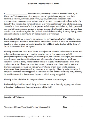 volunteer liability release form