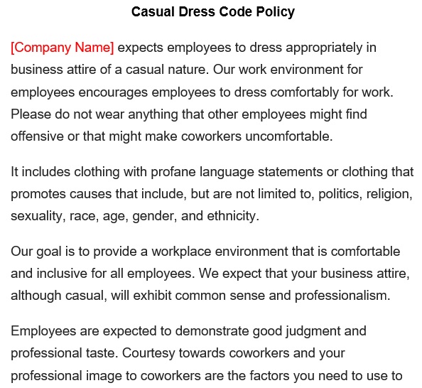 casual dress code policy template
