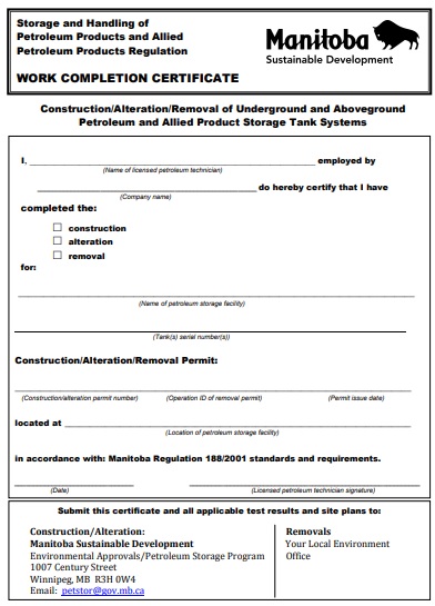 construction work completion certificate