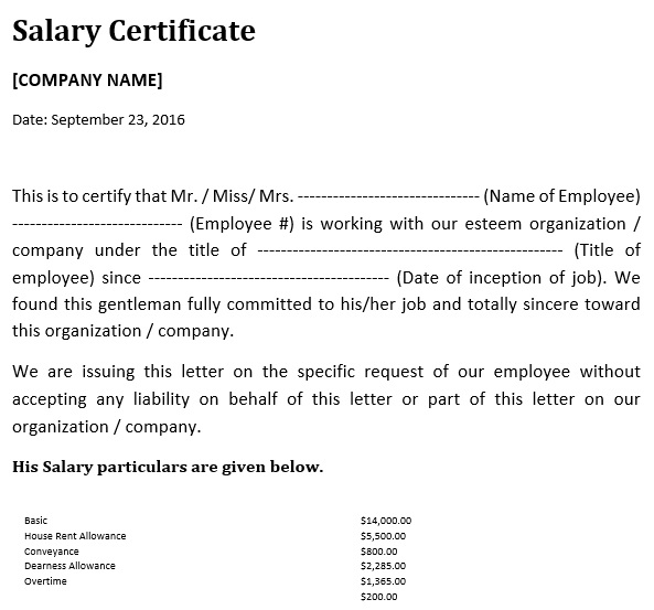 free salary certificate template