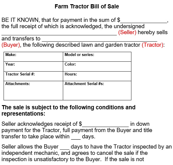 free tractor bill of sale form