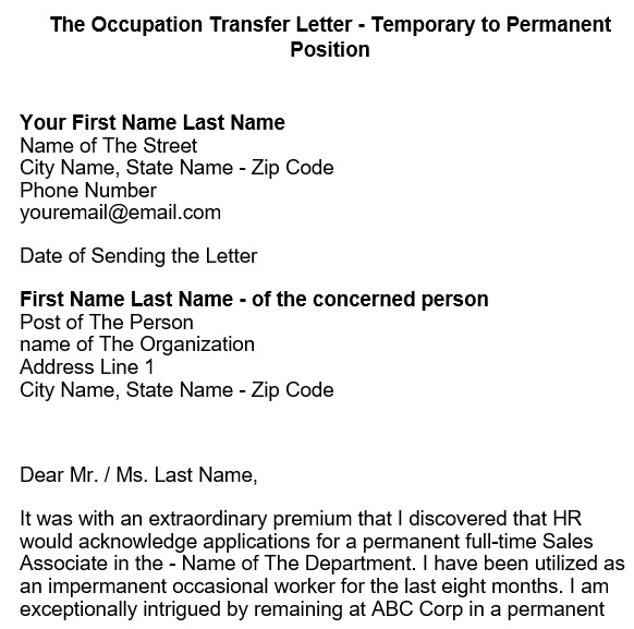 job transfer letter temporary to permanent position