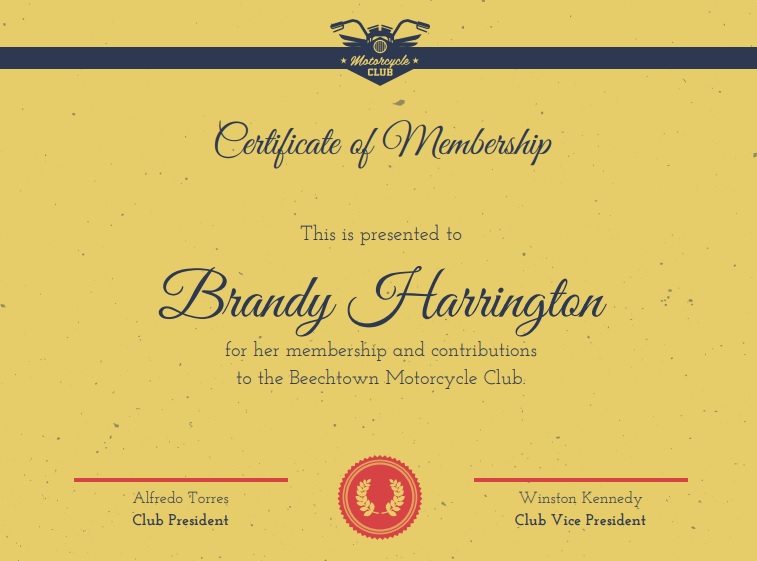 motorcycle club membership certificate template